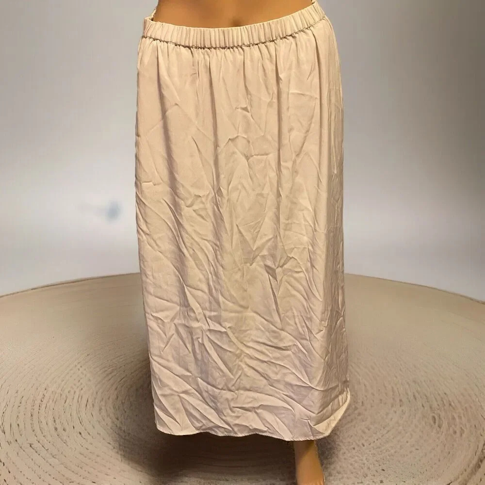 New Leith Women's Size S Beige Midi Skirt Pull Up Silky Side Slit Pocket Career